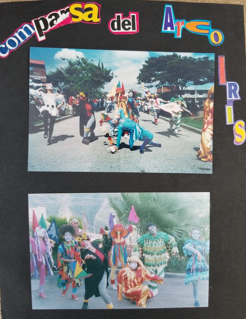 Two images of color clown street performers dancing and posing.